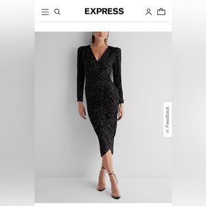 NEW With Tags $198 EXPRESS Sequin V-Neck Puff Sleeve Ruched Midi Sheath Dress L